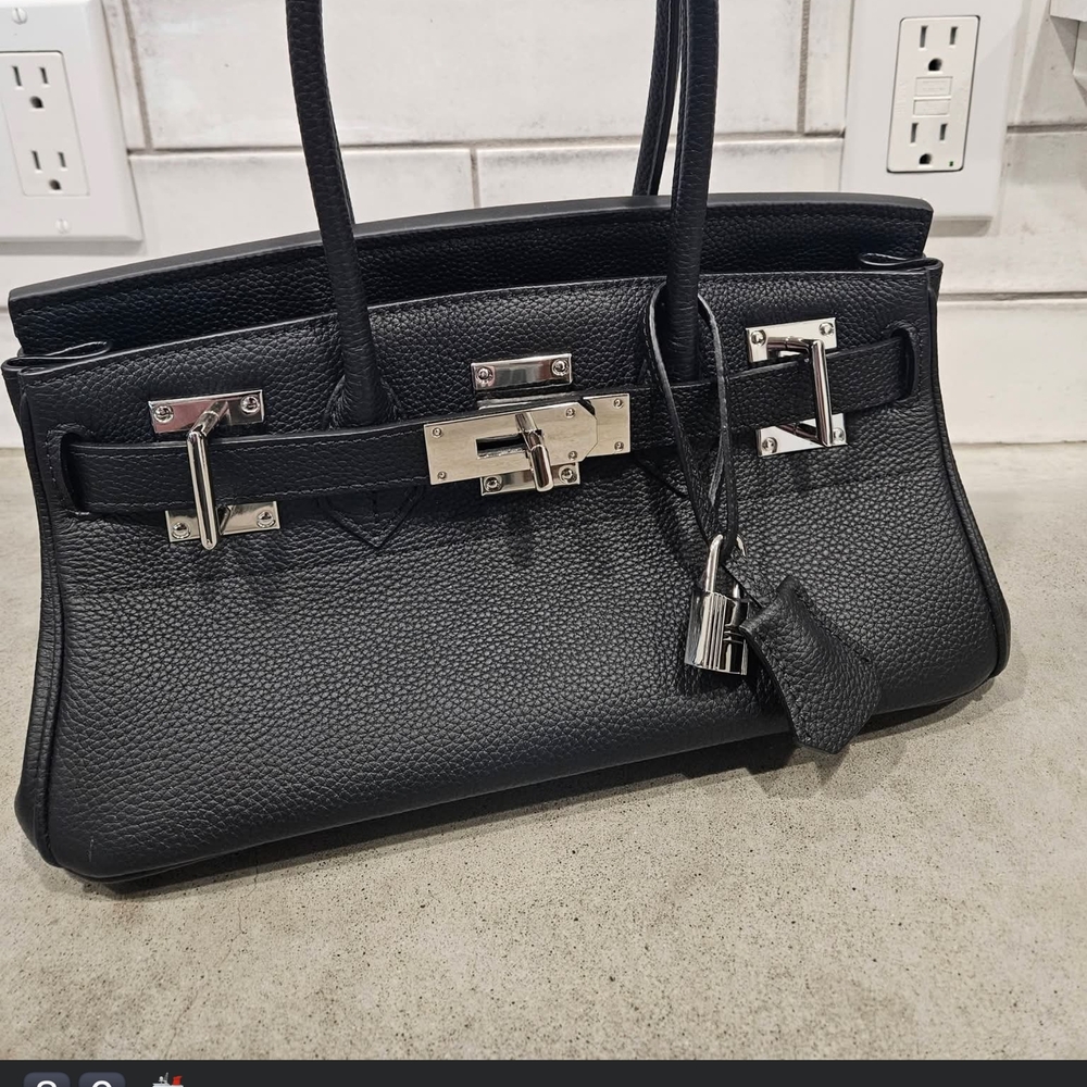 Structured Black Leather Satchel with Silver Hardware
